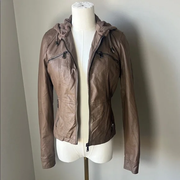 Stylish Tan Vegan Leather Jacket with Hood - Picture 1 of 4